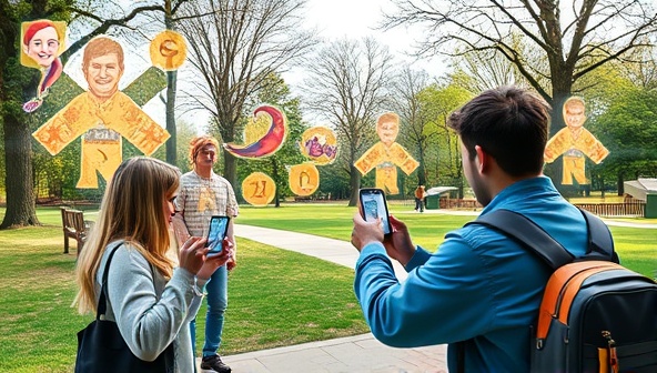 An engaging AR quest scenario where players are using their smartphones to interact with digital clues and virtual characters superimposed on a real-world park setting, with animated puzzles and challenges appearing around them, creating an immersive and thrilling experience for AR Quest Seekers.