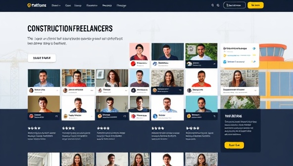 A visually engaging platform interface showcasing a diverse pool of construction freelancers with their specialties and portfolios, alongside client testimonials and project success stories, creating a vibrant marketplace for connecting skilled professionals with project opportunities in the construction industry.