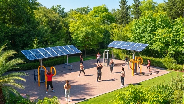 An outdoor fitness park surrounded by lush greenery, featuring solar panels providing energy to the workout stations, with people of diverse backgrounds and ages engaging in various exercises, showcasing a harmonious blend of fitness and sustainability.