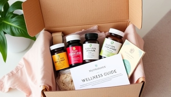 An aesthetically pleasing image of a beautifully packaged subscription box filled with various nutraceutical supplements, accompanied by a personalized note and a wellness guide, creating a sense of care and exclusivity.