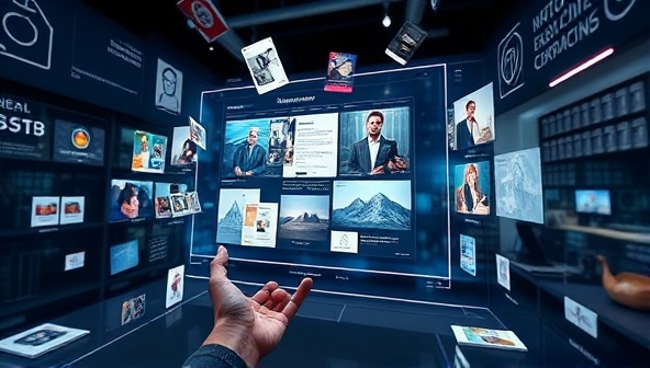 An immersive AR visualization showing a designer's portfolio pieces floating in the air, surrounded by interactive AR elements and animations, with a user engaging with the portfolio content through gestures and movements, exemplifying the dynamic and engaging nature of ARtfolio Showcase for portfolio presentations.