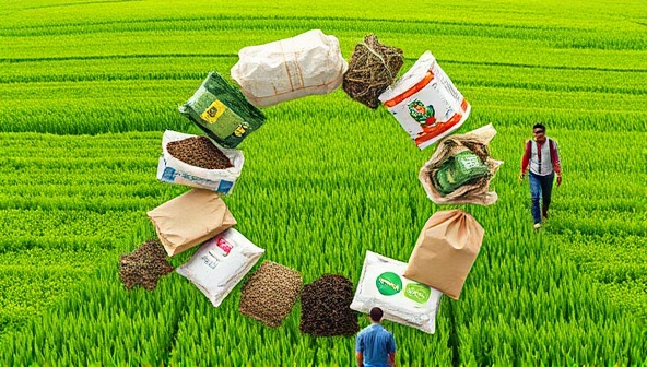 An artistic representation of agricultural waste materials being transformed into biodegradable packaging and compost, surrounded by lush green fields and eco-conscious consumers, symbolizing the cycle of sustainability and environmental stewardship.