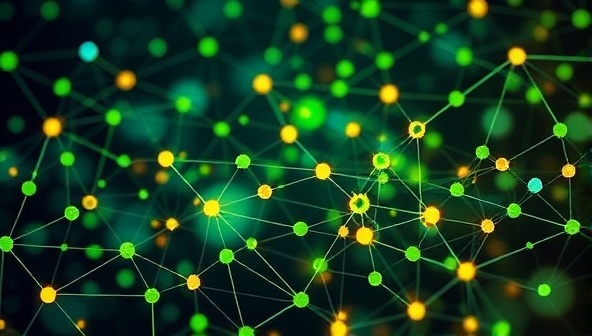 An abstract visualization of interconnected blockchain nodes representing renewable energy producers, consumers, and trading partners engaged in transparent energy transactions, symbolizing the decentralized and sustainable energy exchange facilitated by EnerTrade Network's innovative blockchain platform.