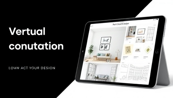 A stylish and modern virtual interior design consultation setup featuring a digital mood board, room layout designs, home decor samples, and design sketches displayed on a sleek tablet, creating an immersive and creative design environment for clients to envision their dream spaces.