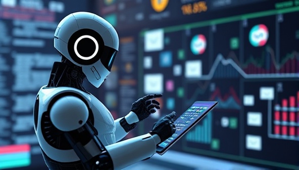 An AI-powered robot analyzing customer data and crafting personalized email campaigns on a digital interface, illustrating the innovative and data-driven approach of AI Mail Genius in email marketing.