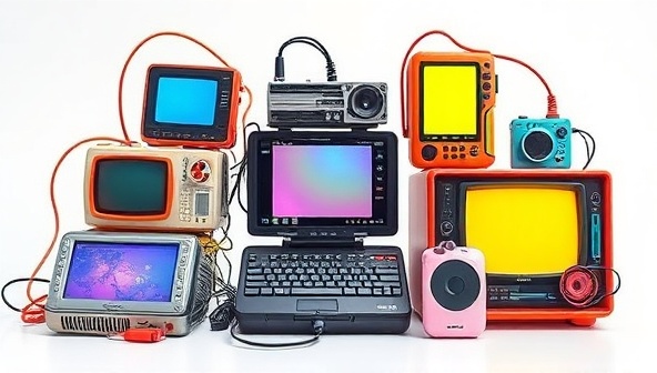 An artistic representation of old electronic devices being transformed into vibrant and functional gadgets, symbolizing the concept of tech upcycling and sustainability in a visually appealing manner.