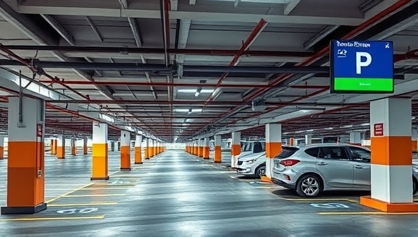 An urban parking facility equipped with smart sensors and digital displays showing real-time parking availability, accompanied by a smooth parking experience for drivers using the ParkWise Solutions app, highlighting the convenience and efficiency of smart parking management.