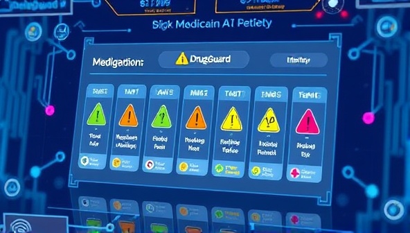 An engaging visual representation of DrugGuard AI interface displaying colorful medication icons with warning signs and alerts indicating potential interactions, surrounded by futuristic AI elements, conveying innovation and precision in medication safety monitoring.