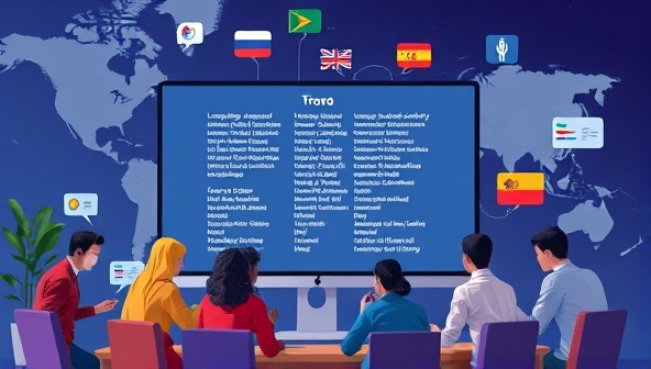 An artistic representation of the AI-powered translation platform in action, showing text being translated seamlessly across different languages on a computer screen, with a diverse group of users collaborating on multilingual projects, symbolizing global communication and connectivity.