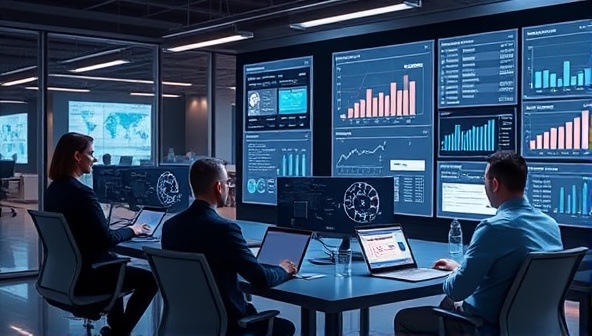 An engaging image of a futuristic office setting with employees interacting with virtual screens displaying expense reports and graphs, showcasing the efficiency and innovation of ExpenseBot.