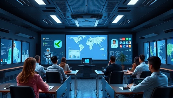 A futuristic virtual classroom setting with AI-powered language tutors interacting with diverse students from around the world, showcasing an immersive and tech-savvy language learning experience.