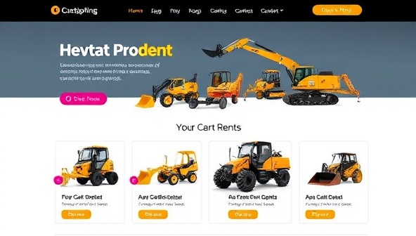 A vibrant website homepage showcasing a variety of construction equipment available for rent, with colorful icons, clear pricing details, and a user-friendly interface, conveying convenience and accessibility for customers.
