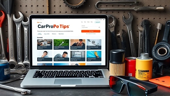 A collection of diverse car maintenance tools like wrenches, screwdrivers, oil filters, and safety goggles arranged neatly on a workbench, accompanied by a laptop displaying the CarPro Tips subscription platform with various tutorial categories and interactive forums, emphasizing practical learning and hands-on experience for subscribers.