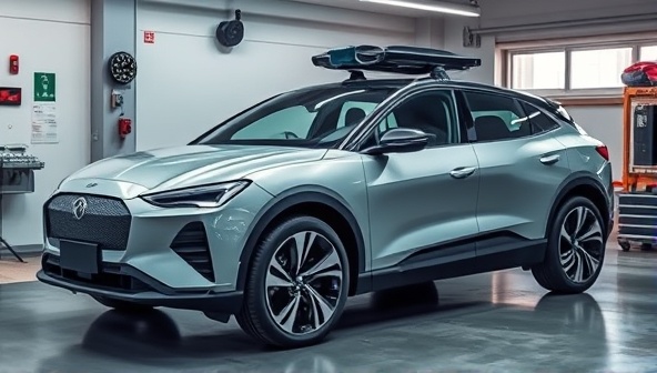 A sleek, modern vehicle being fitted with autonomous retrofit kit components, showing the transformation process from manual to autonomous driving in a garage setting.