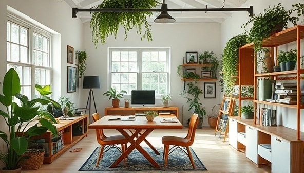 An eco-friendly design studio with natural elements, recycled materials, and energy-efficient technology, creating a serene and sustainable workspace that reflects the consultancy's commitment to environmental preservation.