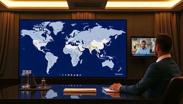 An elegant virtual meeting setup featuring a digital map displaying various remote real estate market locations, with a consultant discussing investment strategies with a client via video call, emphasizing the convenience and expertise offered by RemoteInvest Advisers.