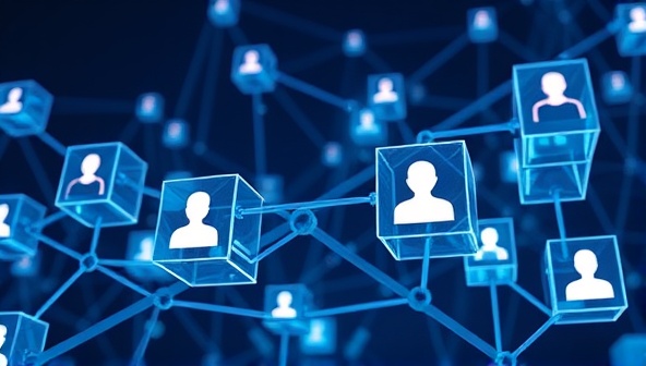 A futuristic visual of interconnected blocks representing blockchain technology, with influencer profiles and brand logos embedded within the network, symbolizing the transparency and efficiency of Chainfluence Network in revolutionizing influencer marketing practices for a more secure and trustworthy industry ecosystem.