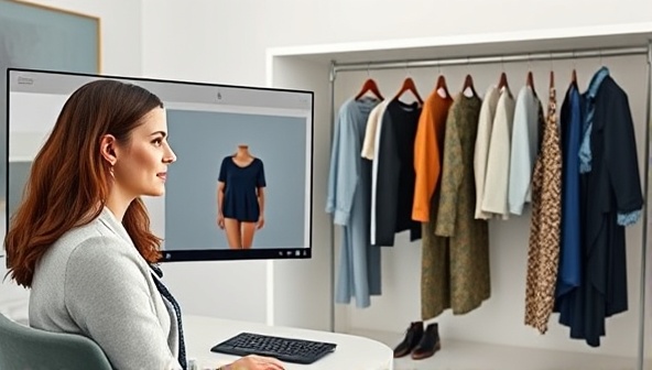 A digital collage featuring a virtual stylist interacting with a client through a video call, with fashionable outfit suggestions displayed on a virtual wardrobe in the background, illustrating a modern and personalized styling experience.