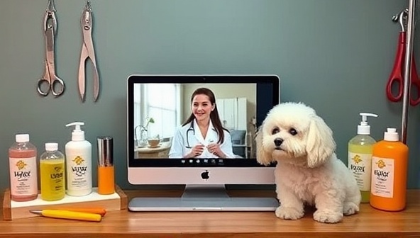 An inviting visual of a virtual grooming consultation setup with a pet owner learning grooming techniques from a professional groomer via video call, surrounded by grooming tools, pet shampoos, and a pampered pet, conveying a sense of care and skill.