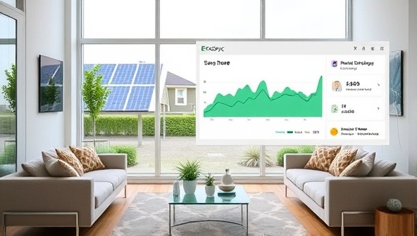 A modern living room setting with smart devices connected to the EcoSync Home system, displaying real-time energy usage data on a sleek dashboard, with solar panels visible outside the window, illustrating a sustainable and tech-savvy lifestyle.