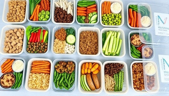 An array of colorful and nutritious meals neatly packed in eco-friendly containers, showcasing the variety and quality of NourishWise Provisions' personalized meal prep service, emphasizing health, convenience, and delicious dining experiences.