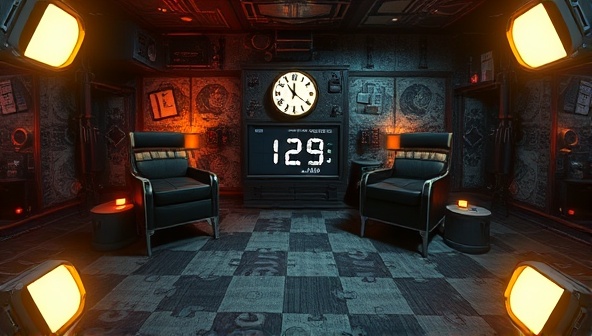 An immersive virtual reality escape room setting with intricate puzzles, mysterious clues, and a countdown timer, creating a sense of urgency and excitement for players as they work together to escape and unlock new challenges.
