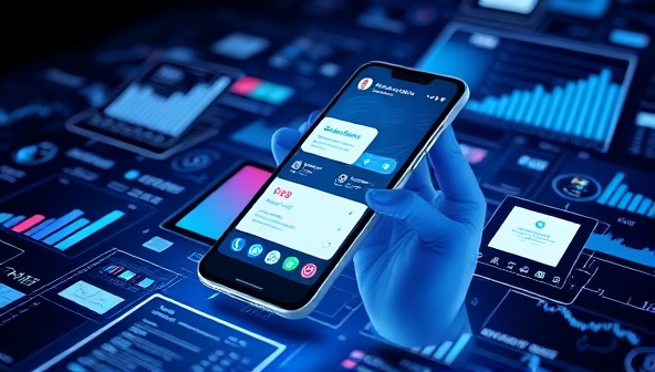 An engaging image of a futuristic-looking smartphone with a virtual assistant providing financial advice to a user, surrounded by digital charts and graphs, showcasing the cutting-edge AI technology behind FinGenius.