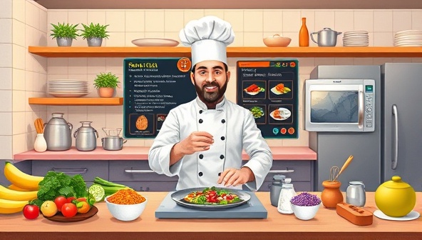 An appetizing digital illustration of a virtual cooking class setup, featuring a professional chef demonstrating a recipe in a vibrant kitchen setting with fresh ingredients, cooking utensils, and a digital display of culinary steps, inviting participants to engage in a delicious culinary experience, symbolizing creativity and gastronomic delight.