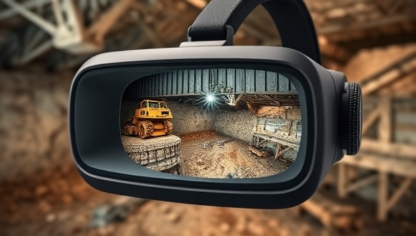 A virtual reality headset displaying a 3D immersive mining site tour, with intricate details of machinery, minerals, and geological formations, transporting users into the heart of a mine exploration experience.