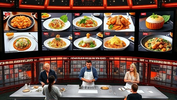 A dynamic and competitive cooking challenge scene showcasing diverse culinary creations from participants displayed on a virtual platform, with judges providing feedback and viewers engaging with the community through lively discussions and voting, creating a vibrant and interactive online cooking competition experience.