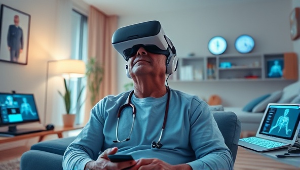 An immersive virtual reality environment showcasing a patient participating in a clinical trial from the comfort of their home, surrounded by digital health monitoring devices and a virtual research team, illustrating the future of remote healthcare research.