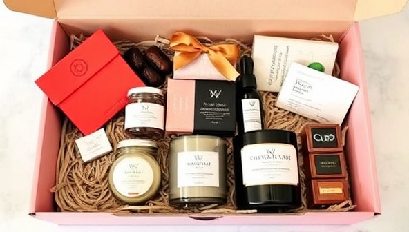 A beautifully arranged and elegant gift box showcasing a selection of premium products such as chocolates, candles, bath essentials, and personalized notes, exuding luxury and sophistication, perfect for creating memorable gifting experiences through the boutique's customized offerings.