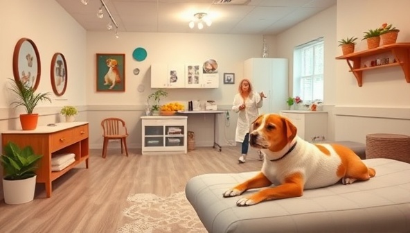 A serene pet wellness center featuring a cozy waiting area with pet-friendly decor, a grooming station with cheerful staff pampering pets, and a tranquil treatment room with a pet receiving acupuncture, showcasing a harmonious and caring environment for furry companions and their owners.