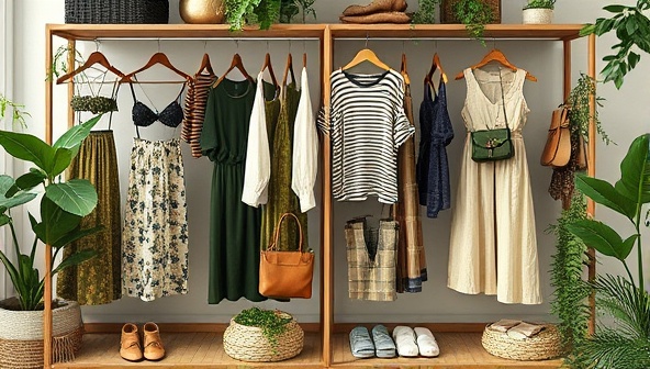 An artistic digital collage showcasing a diverse range of sustainable fashion pieces, eco-friendly accessories, and ethically sourced garments displayed in a virtual wardrobe setting, surrounded by greenery and nature-inspired elements, reflecting the eco-conscious ethos of EcoChic Collective's virtual sustainable fashion marketplace.