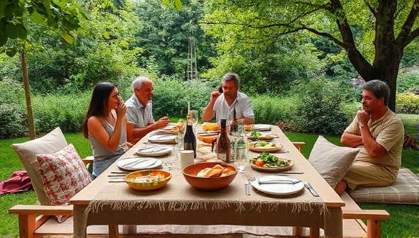 A picturesque outdoor setting with a beautifully styled eco-friendly picnic setup featuring organic, locally sourced food, reusable tableware, and sustainable decorations, surrounded by lush greenery and guests enjoying a zero-waste dining experience, conveying a sense of harmony with nature and sustainability.