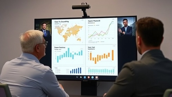 A virtual meeting setup with a mining consultant on a video call with a mining company team, discussing strategies and analyzing data charts on the screen, conveying professionalism and expertise through digital interactions.