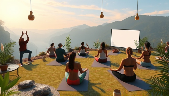 A captivating digital illustration depicting a virtual holistic wellness retreat setting with participants engaging in yoga poses, meditation practices, and nutritional workshops led by wellness coaches and experts, surrounded by serene nature elements and calming vibes.