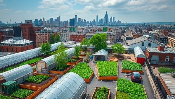A stunning aerial view of a bustling rooftop farm with raised beds, greenhouses, and a diverse range of crops flourishing under the city skyline, illustrating the harmony between nature and urban living in the SkyHarvest Co-op community.