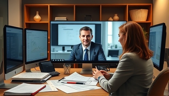 A virtual meeting scene with a tax professional guiding a client through a tax audit process via video call, surrounded by tax documents and computer screens, highlighting expertise and support in challenging tax situations.