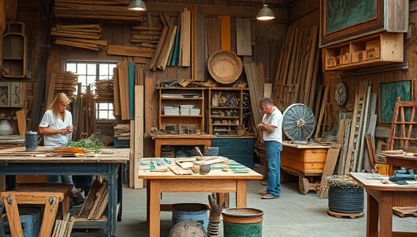 A workshop scene featuring artisans working on upcycling projects, surrounded by salvaged wood, metal scraps, and vintage architectural elements, with tools and materials neatly organized on workbenches, showcasing the craftsmanship and creativity of architectural salvage and upcycling.