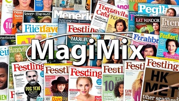 An artistic digital collage of various magazine covers blending together, symbolizing the unique and personalized magazine bundle experience offered by MagiMix.
