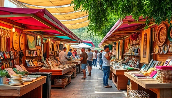 An aesthetically pleasing image of a vibrant artisan market setting with colorful stalls showcasing handmade products, artisans engaging with customers, and a lively atmosphere filled with creativity and craftsmanship, evoking a sense of community and artistic appreciation.
