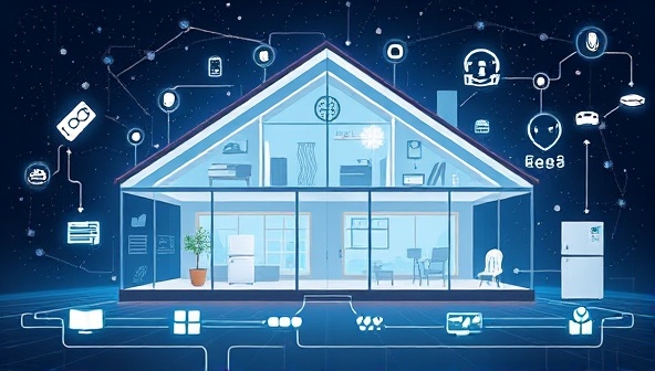 A futuristic illustration of a smart home ecosystem with interconnected IoT devices, sensors, and smart appliances, showcasing the seamless integration of technology for automated home maintenance and optimization, with a tagline 