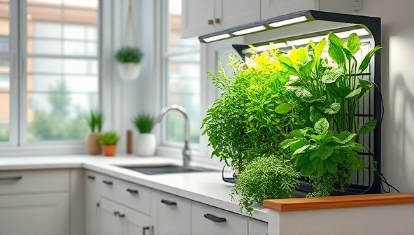 An aesthetically pleasing image of a modern kitchen with a sleek vertical farming kit installed, showcasing lush green herbs and vibrant vegetables growing under LED lights, creating a stylish and sustainable indoor gardening space.