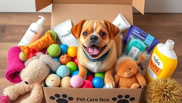 An adorable pet enjoying a variety of toys and treats from a customized pet care box, surrounded by playful accessories and grooming products, capturing the joy and excitement of personalized pet care.