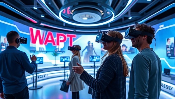 An immersive VR environment showcasing a futuristic web design showroom with clients wearing VR headsets, exploring interactive website prototypes in a visually stunning digital landscape, emphasizing the virtual reality experience in web design.