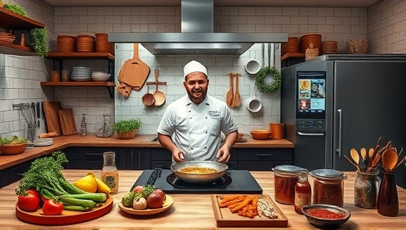 An inviting virtual kitchen setup with a chef conducting a live cooking class, surrounded by fresh ingredients, cooking utensils, and a digital display showing the recipe steps, creating an immersive and interactive culinary experience for participants.
