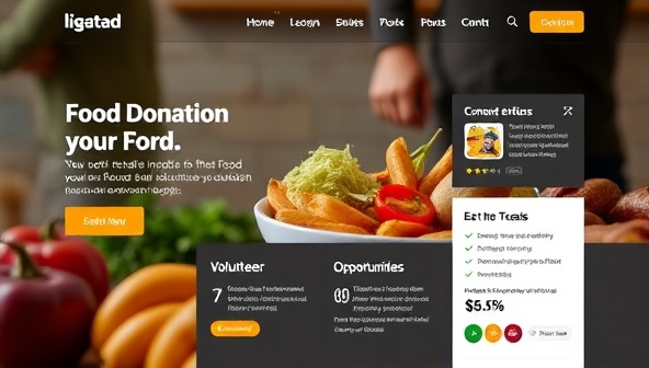 An interactive online food donation platform interface showcasing donation options, recipient testimonials, volunteer opportunities, and community impact data, designed with a user-centric approach to encourage participation and support in local food donation initiatives.