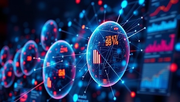An abstract representation of AI-powered predictive analytics in action, featuring interconnected data points, algorithms processing information, and visualizations predicting consumer trends and behavior, symbolizing the sophisticated and strategic nature of the predictive marketing analytics service.