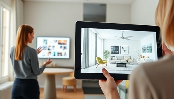 A split-screen image showing a virtual interior design consultation in progress: on one side, a designer presenting a digital mood board, and on the other side, a client viewing the design on a tablet with a bright, modern living room as the focal point.